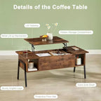 Table basse relevable VECELO 42 pouces avec pieds en métal, table centrale escamotable avec compartiment caché et 2 étagères de rangement