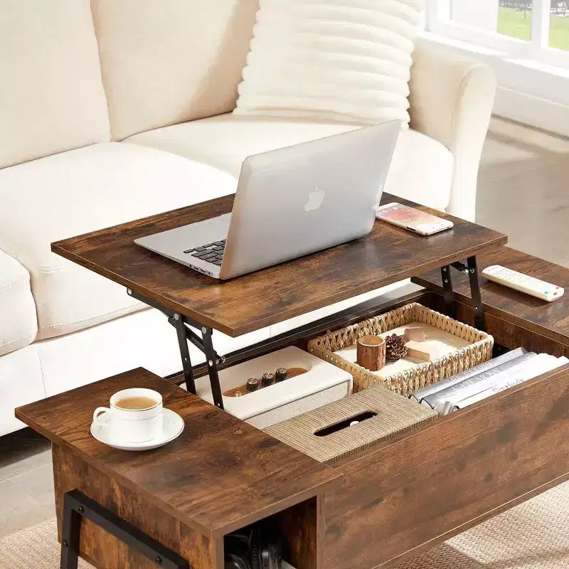 Table basse relevable VECELO 42 pouces avec pieds en métal, table centrale escamotable avec compartiment caché et 2 étagères de rangement