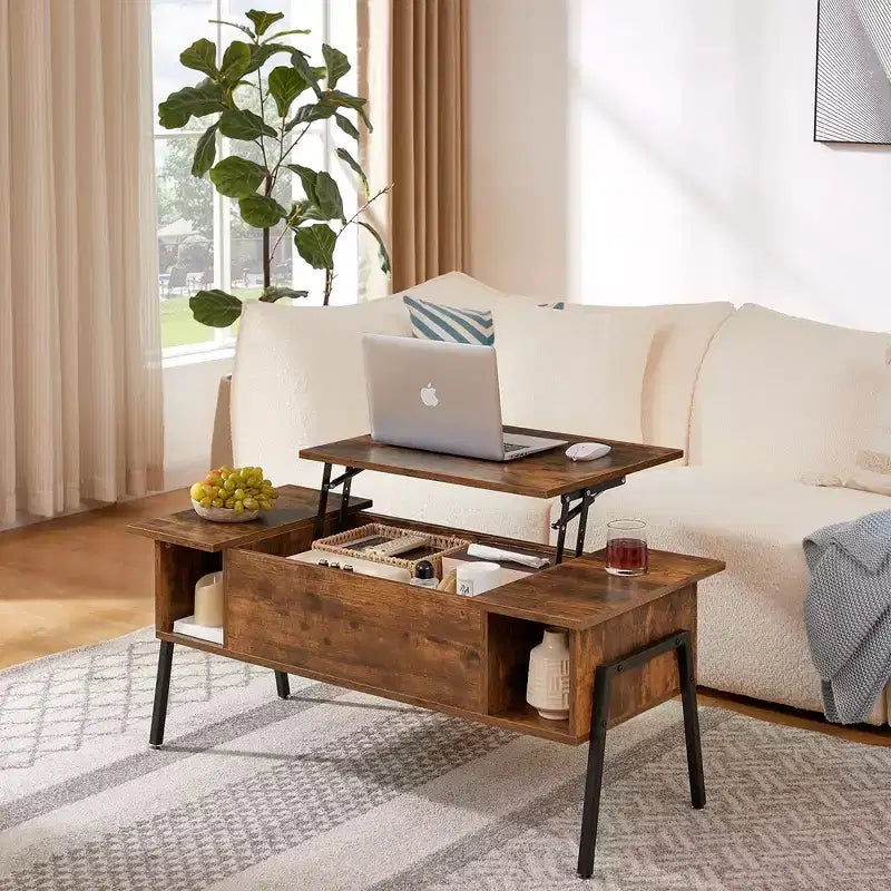 Table basse relevable VECELO 42 pouces avec pieds en métal, table centrale escamotable avec compartiment caché et 2 étagères de rangement