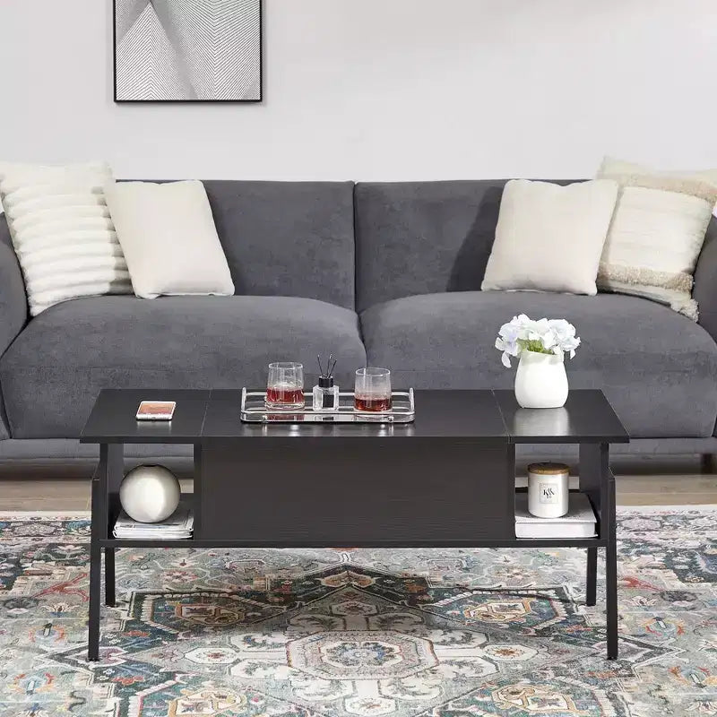Table basse relevable VECELO 42 pouces avec pieds en métal, table centrale escamotable avec compartiment caché et 2 étagères de rangement