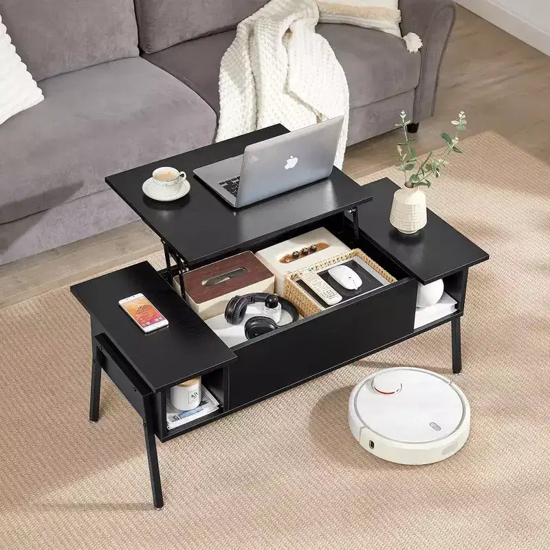 Table basse relevable VECELO 42 pouces avec pieds en métal, table centrale escamotable avec compartiment caché et 2 étagères de rangement