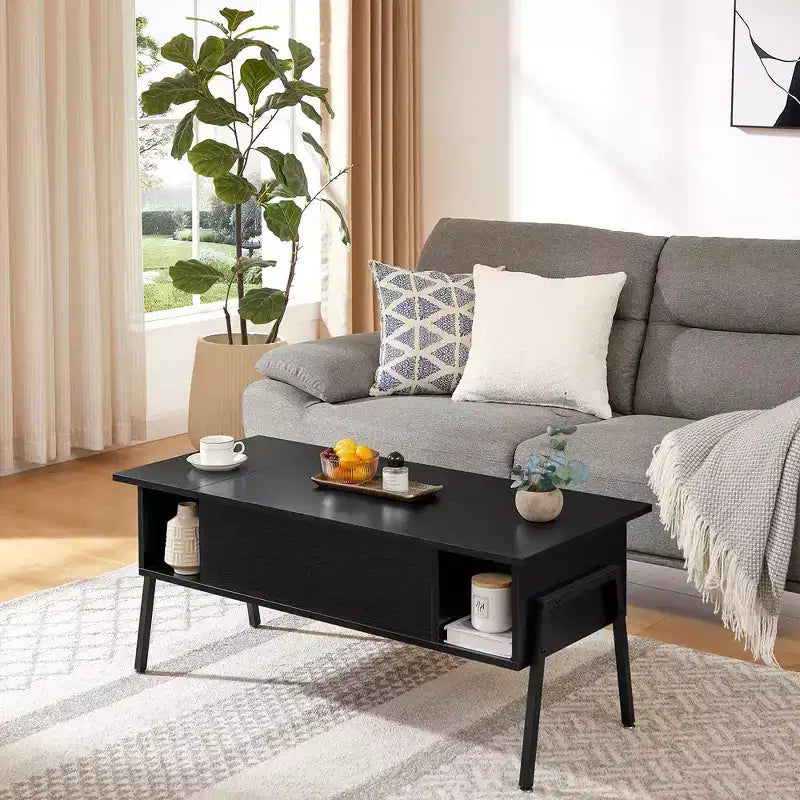 Table basse relevable VECELO 42 pouces avec pieds en métal, table centrale escamotable avec compartiment caché et 2 étagères de rangement