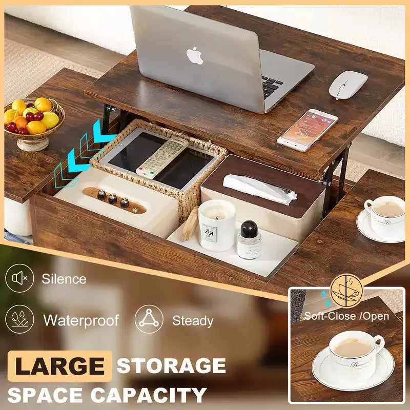 Table basse relevable VECELO 42 pouces avec pieds en métal, table centrale escamotable avec compartiment caché et 2 étagères de rangement
