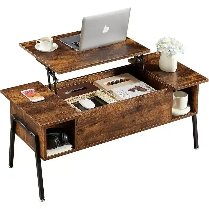 Table basse relevable VECELO 42 pouces avec pieds en métal, table centrale escamotable avec compartiment caché et 2 étagères de rangement