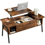 Table basse relevable VECELO 42 pouces avec pieds en métal, table centrale escamotable avec compartiment caché et 2 étagères de rangement