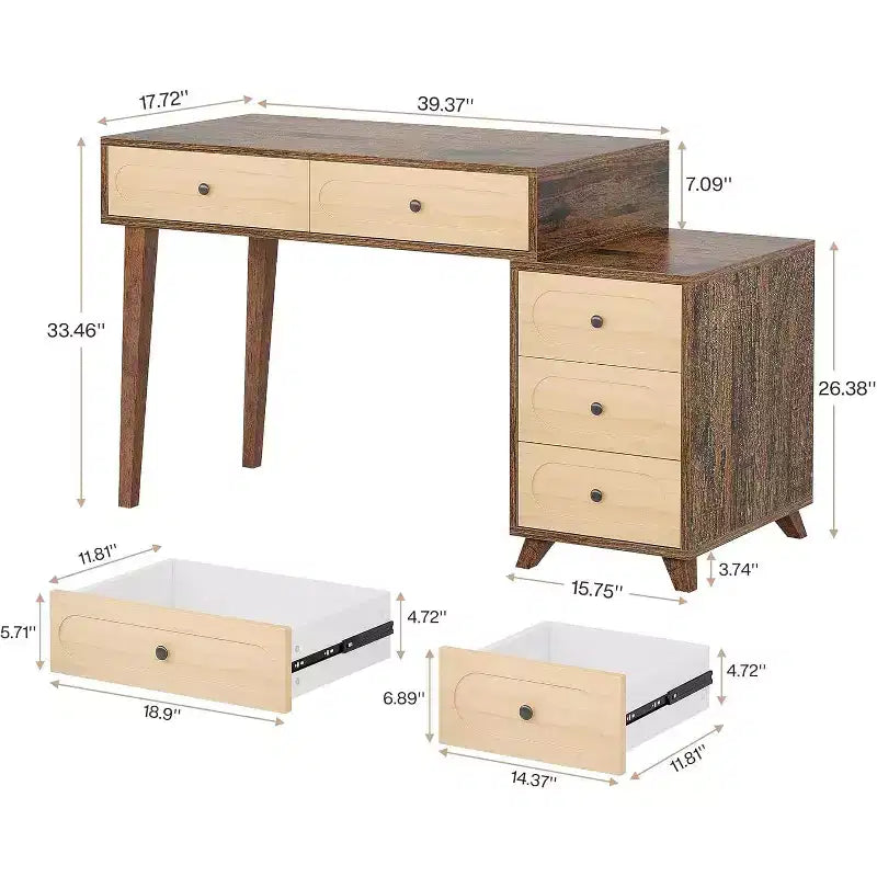 Lantine Bureau d'ordinateur de 130 cm avec 5 tiroirs