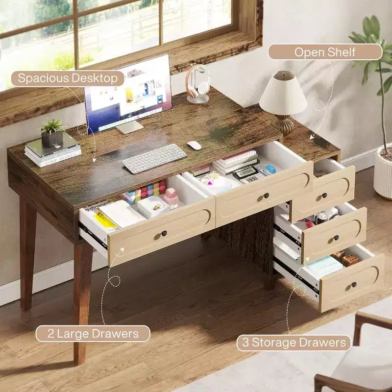Lantine Bureau d'ordinateur de 130 cm avec 5 tiroirs