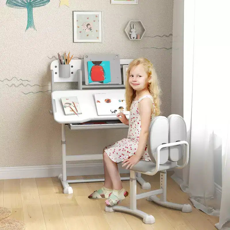 Ensemble bureau et chaise pour enfants Qaba, ensemble bureau et chaise d'étude pour enfants réglable en hauteur avec plateau inclinable, tiroir de rangement et pupitre de lecture