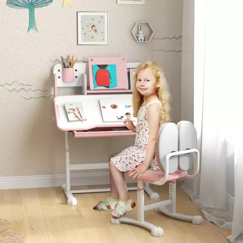 Ensemble bureau et chaise pour enfants Qaba, ensemble bureau et chaise d'étude pour enfants réglable en hauteur avec plateau inclinable, tiroir de rangement et pupitre de lecture