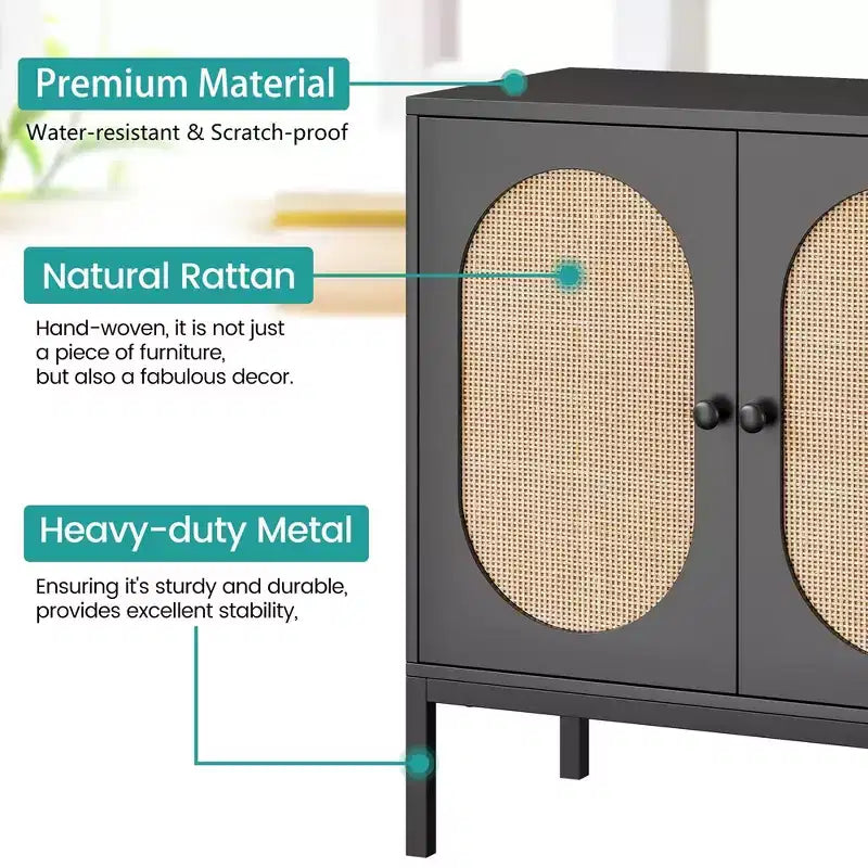 Meuble de Buffet Whizmax, Commode de Rangement en Rotin avec Portes et Étagères, Meuble d'Appoint pour Salon, Salle à Manger, Couloir