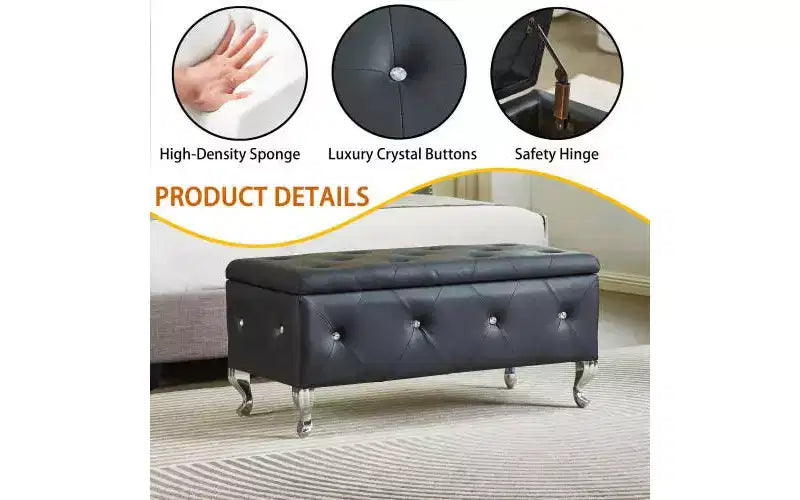 Banc de rangement capitonné pour chambre à coucher, bout de lit, grands bancs de rangement rembourrés, repose-pieds avec boutons en cristal pour salon et entrée