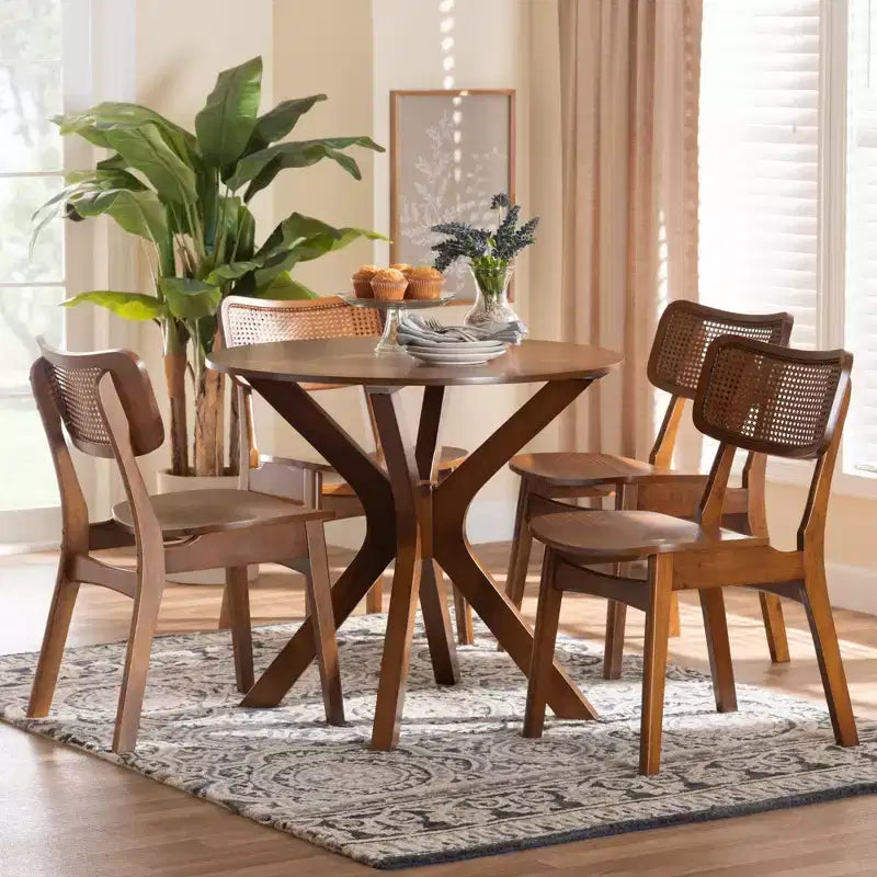 Ensemble de salle à manger 5 pièces Baxton Studio Linnet en bois et rotin de style moderne du milieu du siècle