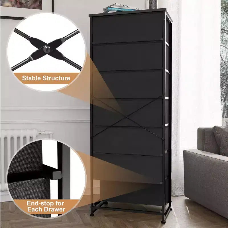 Crestlive Products Commode haute pour chambre à coucher, tour de rangement en tissu à 7 tiroirs pour chambre à coucher.