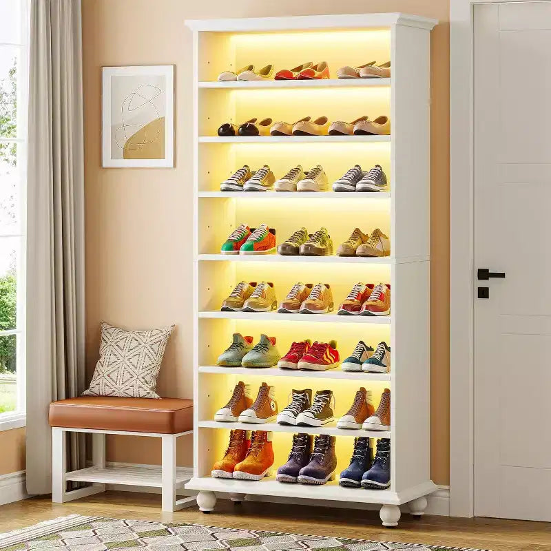 Meuble à chaussures Lantine 9 niveaux 30 paires avec LED et pieds en bois massif