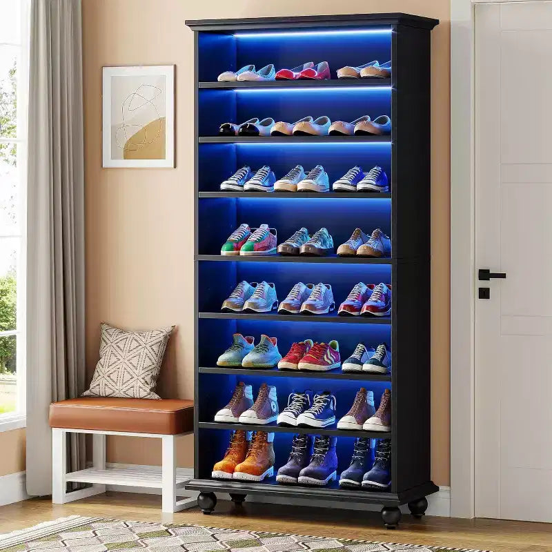 Meuble à chaussures Lantine 9 niveaux 30 paires avec LED et pieds en bois massif