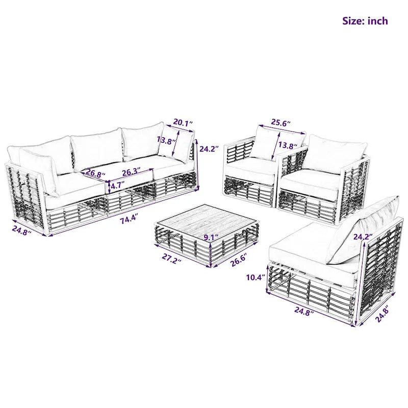 Ensemble de canapés de jardin modulaires 7 pièces en métal, style minimaliste moderne, TOPMAX