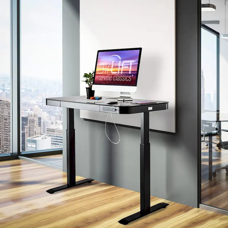 Plateau de bureau électrique assis-debout en verre trempé de 47,5 pouces avec deux ports de chargement USB 2,4 A, hauteur réglable jusqu'à 47,5 pouces H