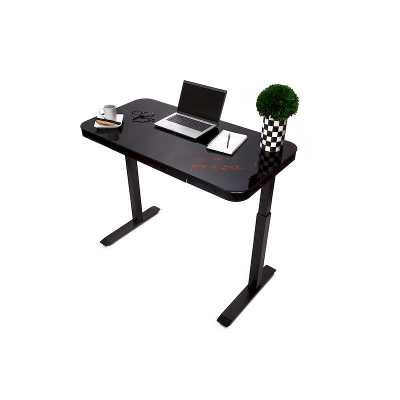 Plateau de bureau électrique assis-debout en verre trempé de 47,5 pouces avec deux ports de chargement USB 2,4 A, hauteur réglable jusqu'à 47,5 pouces H