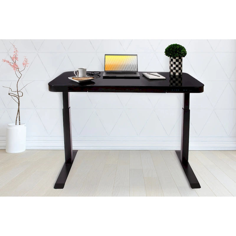 Plateau de bureau électrique assis-debout en verre trempé de 47,5 pouces avec deux ports de chargement USB 2,4 A, hauteur réglable jusqu'à 47,5 pouces H