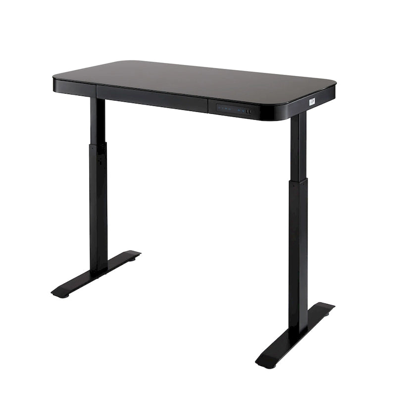 Plateau de bureau électrique assis-debout en verre trempé de 47,5 pouces avec deux ports de chargement USB 2,4 A, hauteur réglable jusqu'à 47,5 pouces H