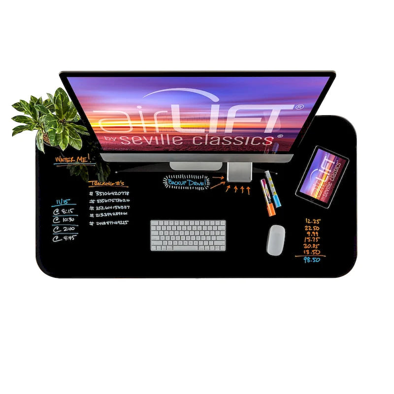 Plateau de bureau électrique assis-debout en verre trempé de 47,5 pouces avec deux ports de chargement USB 2,4 A, hauteur réglable jusqu'à 47,5 pouces H