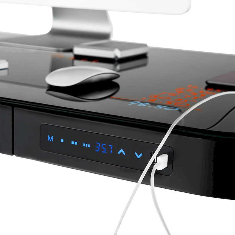 Plateau de bureau électrique assis-debout en verre trempé de 47,5 pouces avec deux ports de chargement USB 2,4 A, hauteur réglable jusqu'à 47,5 pouces H