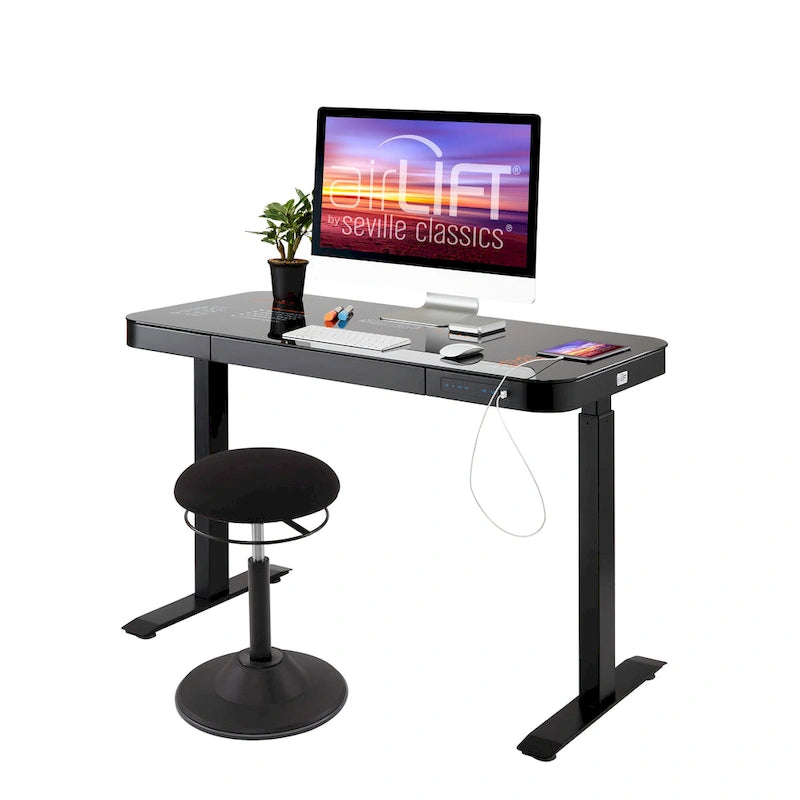 Plateau de bureau électrique assis-debout en verre trempé de 47,5 pouces avec deux ports de chargement USB 2,4 A, hauteur réglable jusqu'à 47,5 pouces H