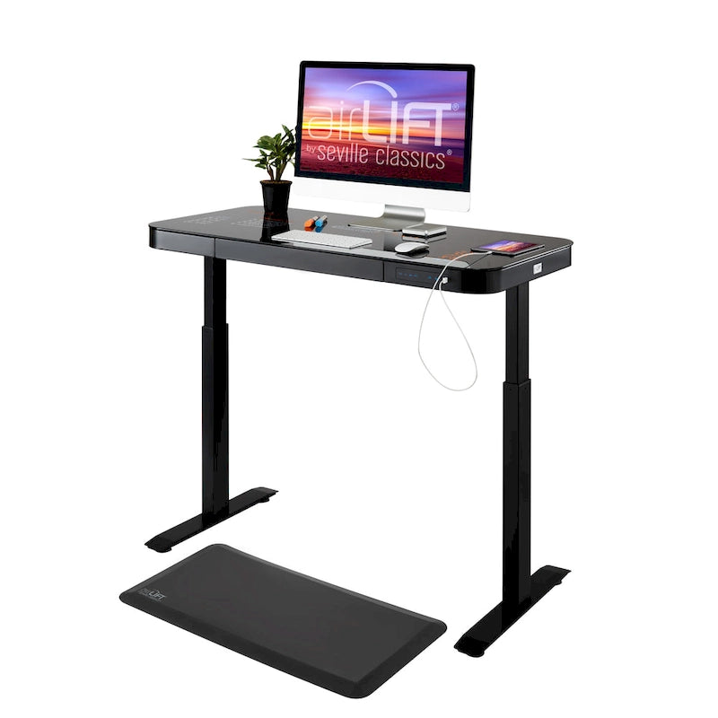 Plateau de bureau électrique assis-debout en verre trempé de 47,5 pouces avec deux ports de chargement USB 2,4 A, hauteur réglable jusqu'à 47,5 pouces H