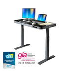Plateau de bureau électrique assis-debout en verre trempé de 47,5 pouces avec deux ports de chargement USB 2,4 A, hauteur réglable jusqu'à 47,5 pouces H