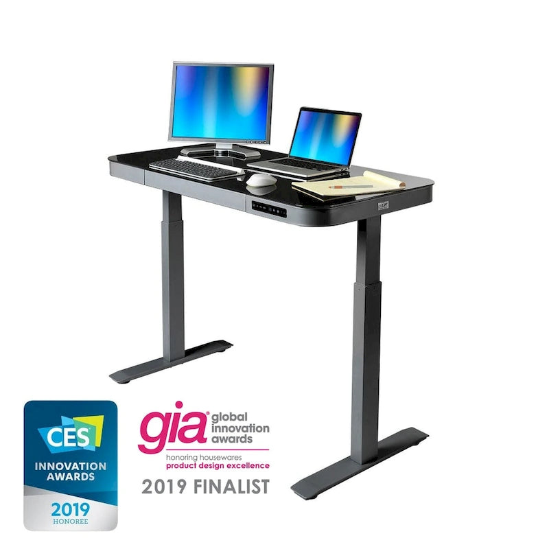 Plateau de bureau électrique assis-debout en verre trempé de 47,5 pouces avec deux ports de chargement USB 2,4 A, hauteur réglable jusqu'à 47,5 pouces H