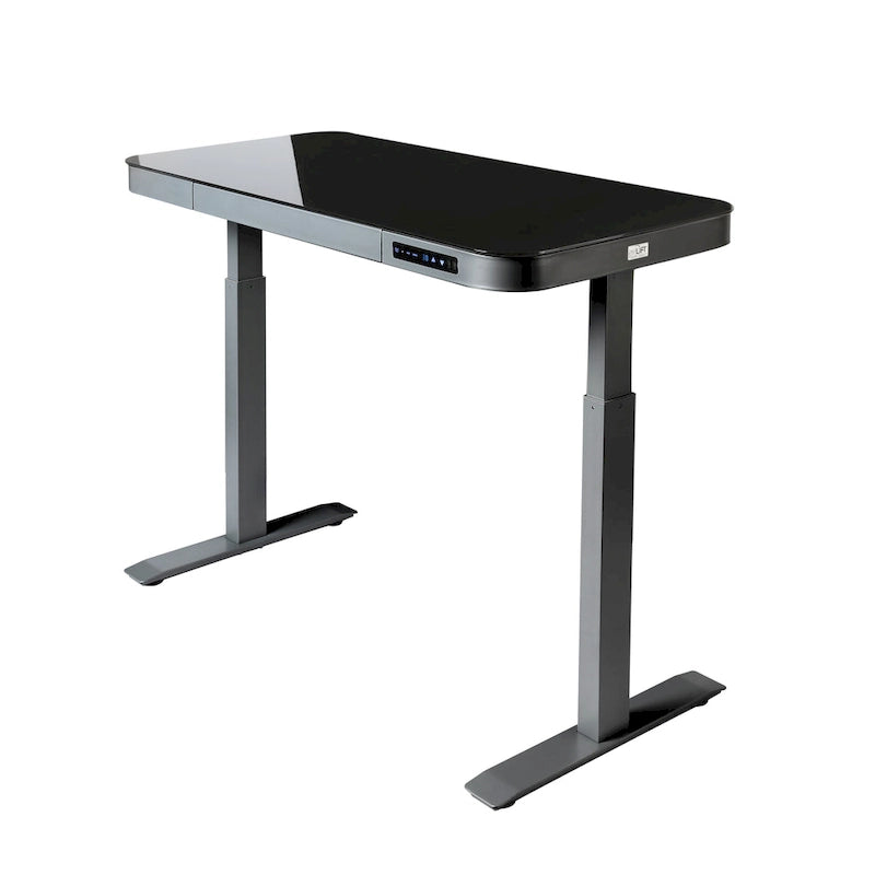 Plateau de bureau électrique assis-debout en verre trempé de 47,5 pouces avec deux ports de chargement USB 2,4 A, hauteur réglable jusqu'à 47,5 pouces H