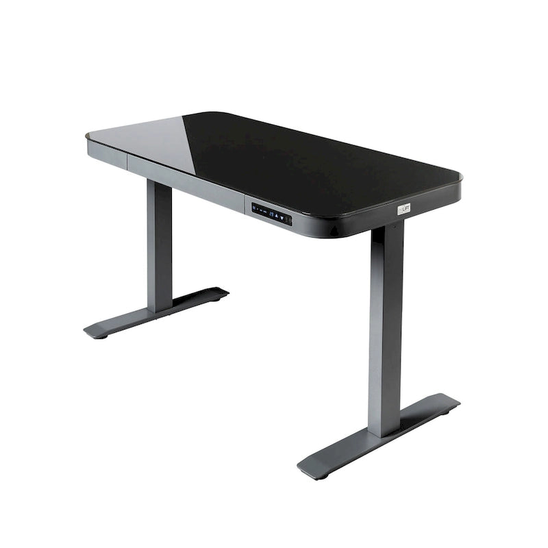 Plateau de bureau électrique assis-debout en verre trempé de 47,5 pouces avec deux ports de chargement USB 2,4 A, hauteur réglable jusqu'à 47,5 pouces H