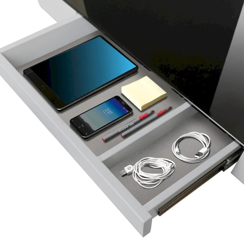 Plateau de bureau électrique assis-debout en verre trempé de 47,5 pouces avec deux ports de chargement USB 2,4 A, hauteur réglable jusqu'à 47,5 pouces H