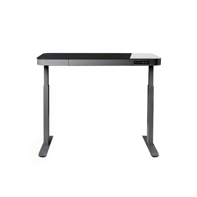 Plateau de bureau électrique assis-debout en verre trempé de 47,5 pouces avec deux ports de chargement USB 2,4 A, hauteur réglable jusqu'à 47,5 pouces H