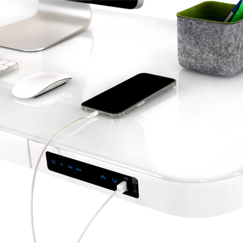 Plateau de bureau électrique assis-debout en verre trempé de 47,5 pouces avec deux ports de chargement USB 2,4 A, hauteur réglable jusqu'à 47,5 pouces H