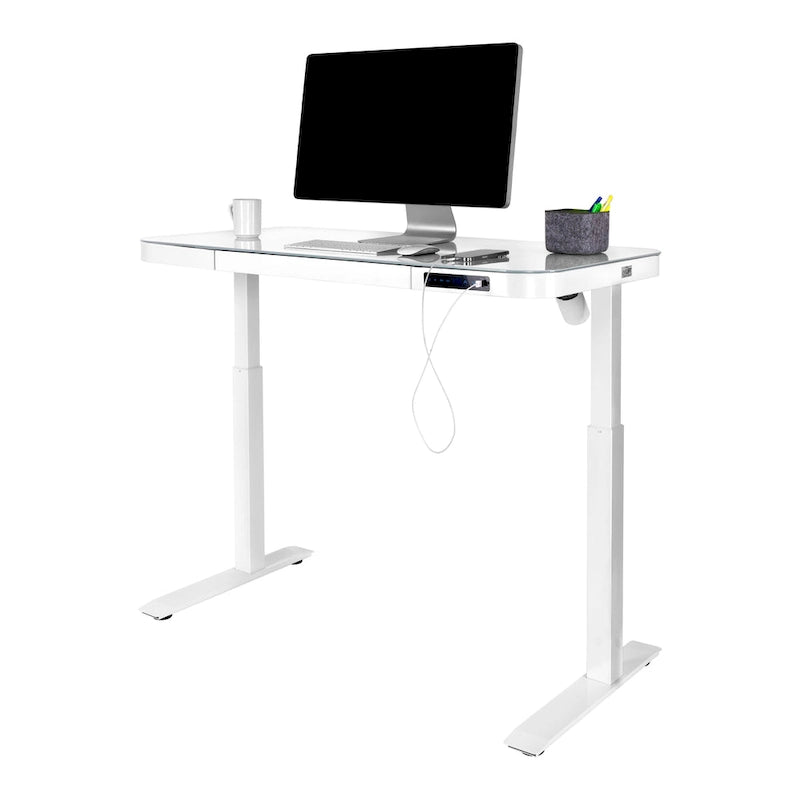 Plateau de bureau électrique assis-debout en verre trempé de 47,5 pouces avec deux ports de chargement USB 2,4 A, hauteur réglable jusqu'à 47,5 pouces H