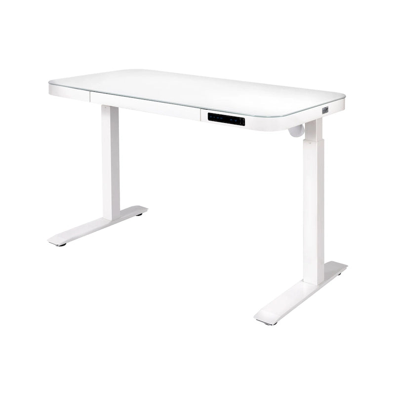 Plateau de bureau électrique assis-debout en verre trempé de 47,5 pouces avec deux ports de chargement USB 2,4 A, hauteur réglable jusqu'à 47,5 pouces H