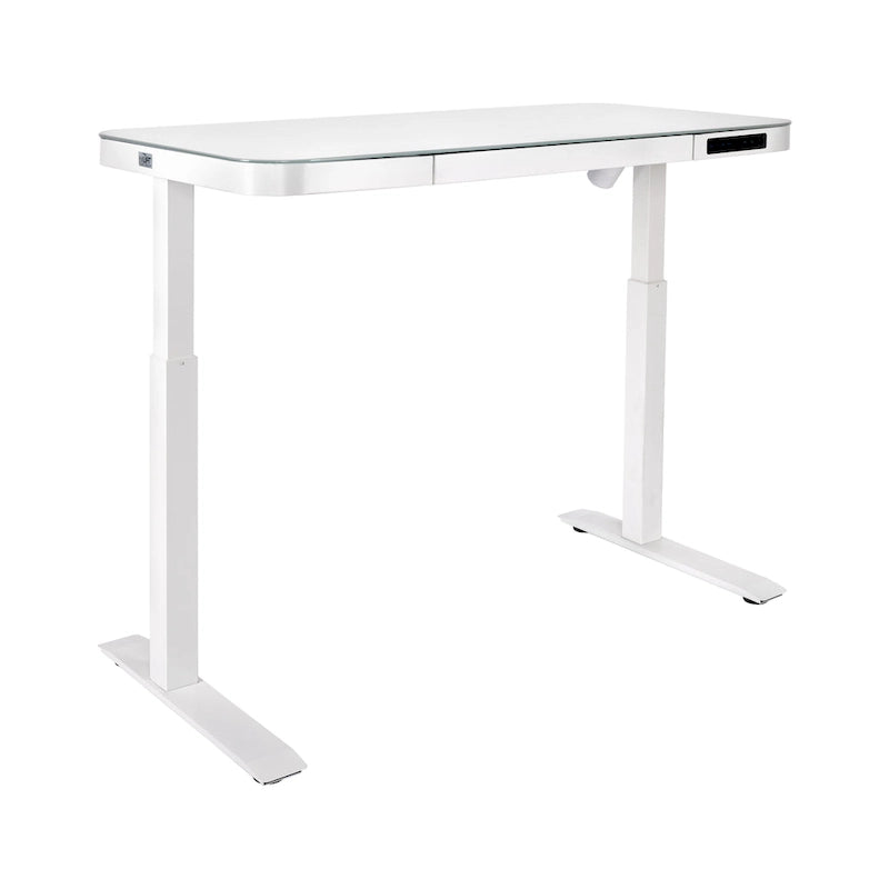 Plateau de bureau électrique assis-debout en verre trempé de 47,5 pouces avec deux ports de chargement USB 2,4 A, hauteur réglable jusqu'à 47,5 pouces H