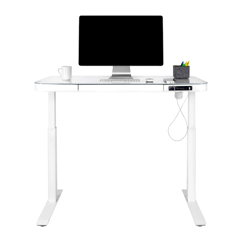 Plateau de bureau électrique assis-debout en verre trempé de 47,5 pouces avec deux ports de chargement USB 2,4 A, hauteur réglable jusqu'à 47,5 pouces H