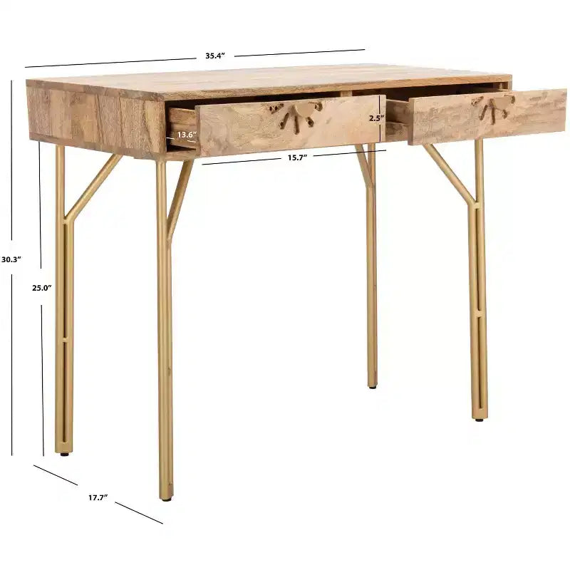 Bureau 2 tiroirs Lily - DSK9006 - Naturel/Laiton - Safavieh