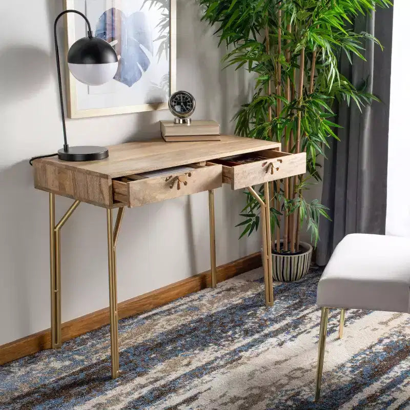 Bureau 2 tiroirs Lily - DSK9006 - Naturel/Laiton - Safavieh