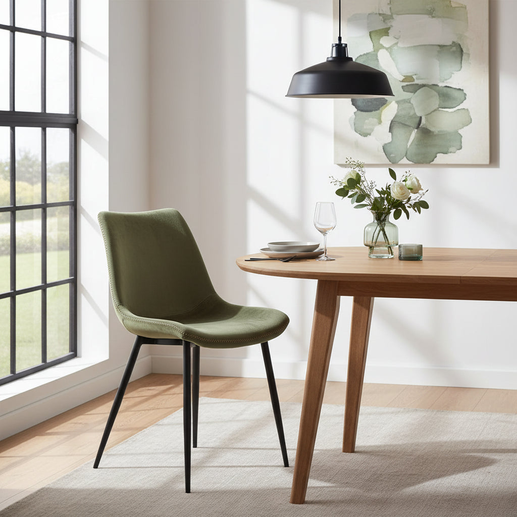 Hazel Velvet Upholstered Dining Side Chair Black Peg Legs, Olive Green