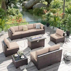 Ensemble de mobilier de jardin en osier Delnavik 9 pièces avec foyer, sièges d'extérieur avec coussins - 9 pièces
