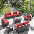 Ensemble de mobilier de jardin en osier Delnavik 9 pièces avec foyer, sièges d'extérieur avec coussins - 9 pièces