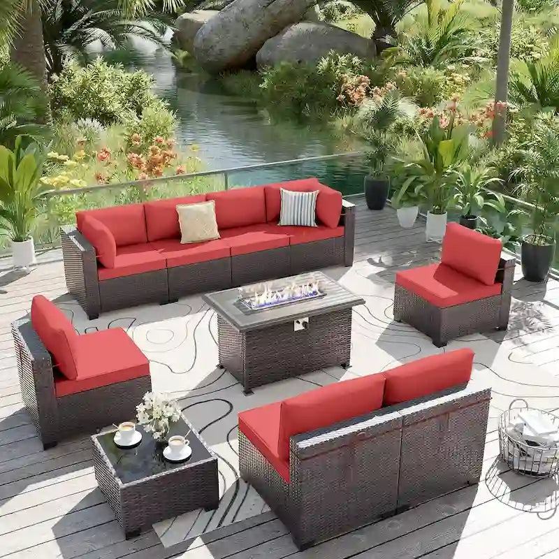 Ensemble de mobilier de jardin en osier Delnavik 9 pièces avec foyer, sièges d'extérieur avec coussins - 9 pièces