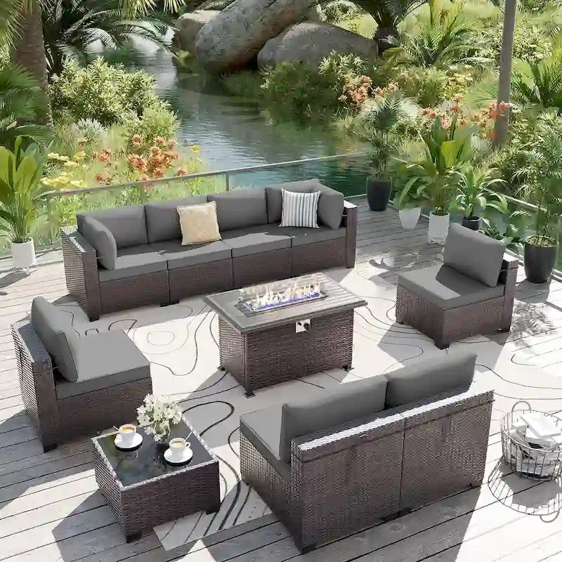 Ensemble de mobilier de jardin en osier Delnavik 9 pièces avec foyer, sièges d'extérieur avec coussins - 9 pièces