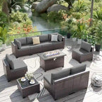 Ensemble de mobilier de jardin en osier Delnavik 9 pièces avec foyer, sièges d'extérieur avec coussins - 9 pièces