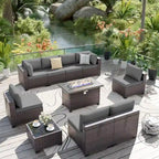 Ensemble de mobilier de jardin en osier Delnavik 9 pièces avec foyer, sièges d'extérieur avec coussins - 9 pièces