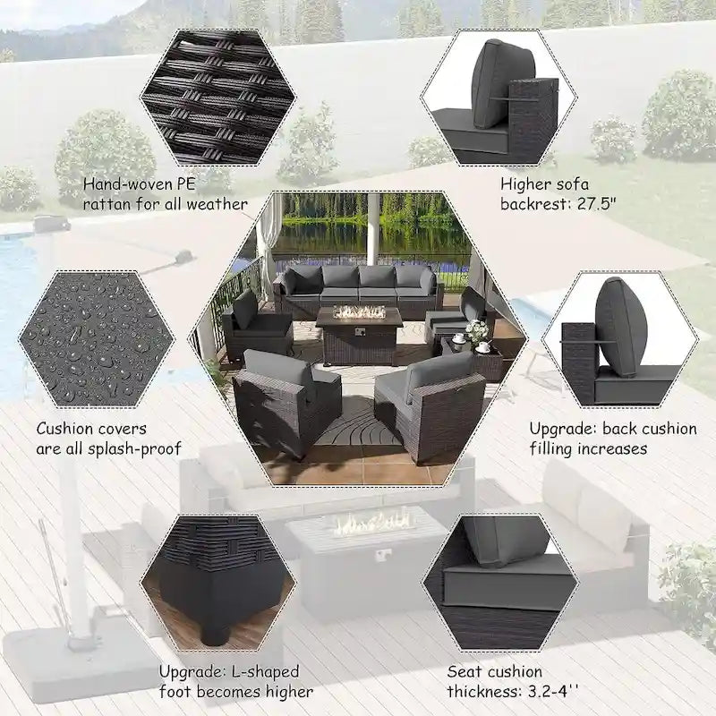 Ensemble de mobilier de jardin en osier Delnavik 9 pièces avec foyer, sièges d'extérieur avec coussins - 9 pièces