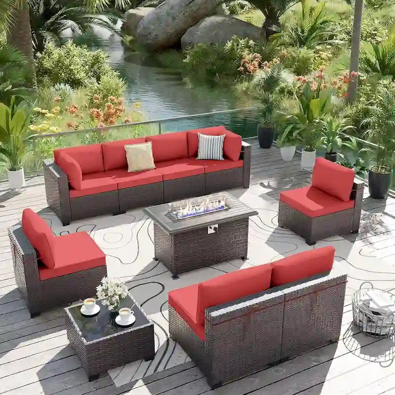 Ensemble de mobilier de jardin en osier Delnavik 9 pièces avec foyer, sièges d'extérieur avec coussins - 9 pièces